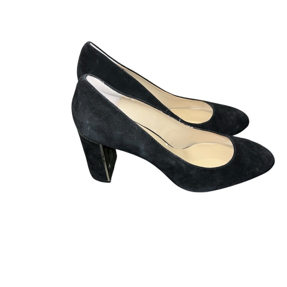 Ann Taylor black suede metallic gold square chunky heels pumps shoes 11